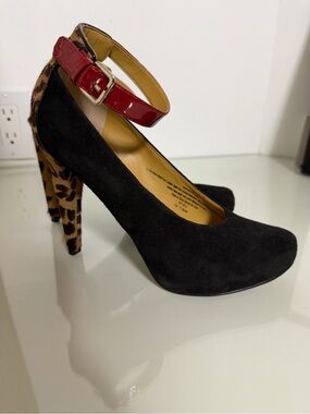 Nine West Black Suede Pump with Red Patent Ankle Strap and Leopard Heel